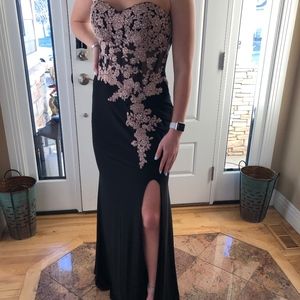 Strapless black prom dress with slit